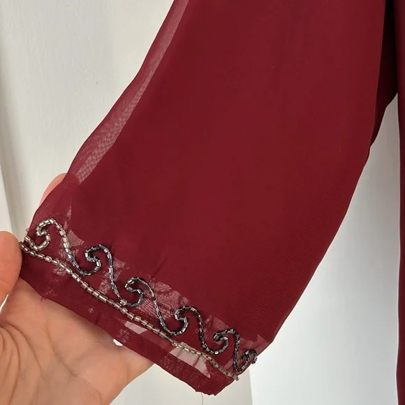 NWOT Maroon Abaya Kaftan Traditional Dress Ethnic Silver Floral Embroidery - Picture 4 of 10